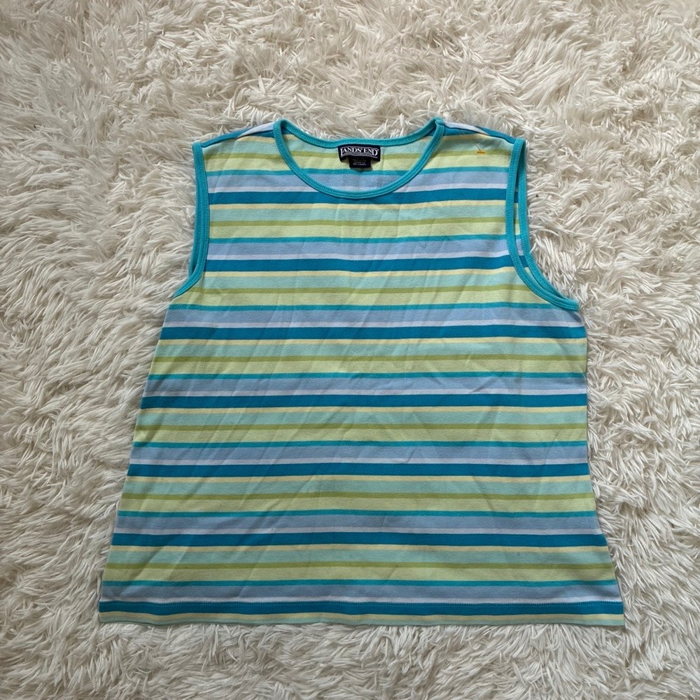 Vintage 90s Y2K Lands End Womens Sleeveless Striped Cotton Blue Top Size Large